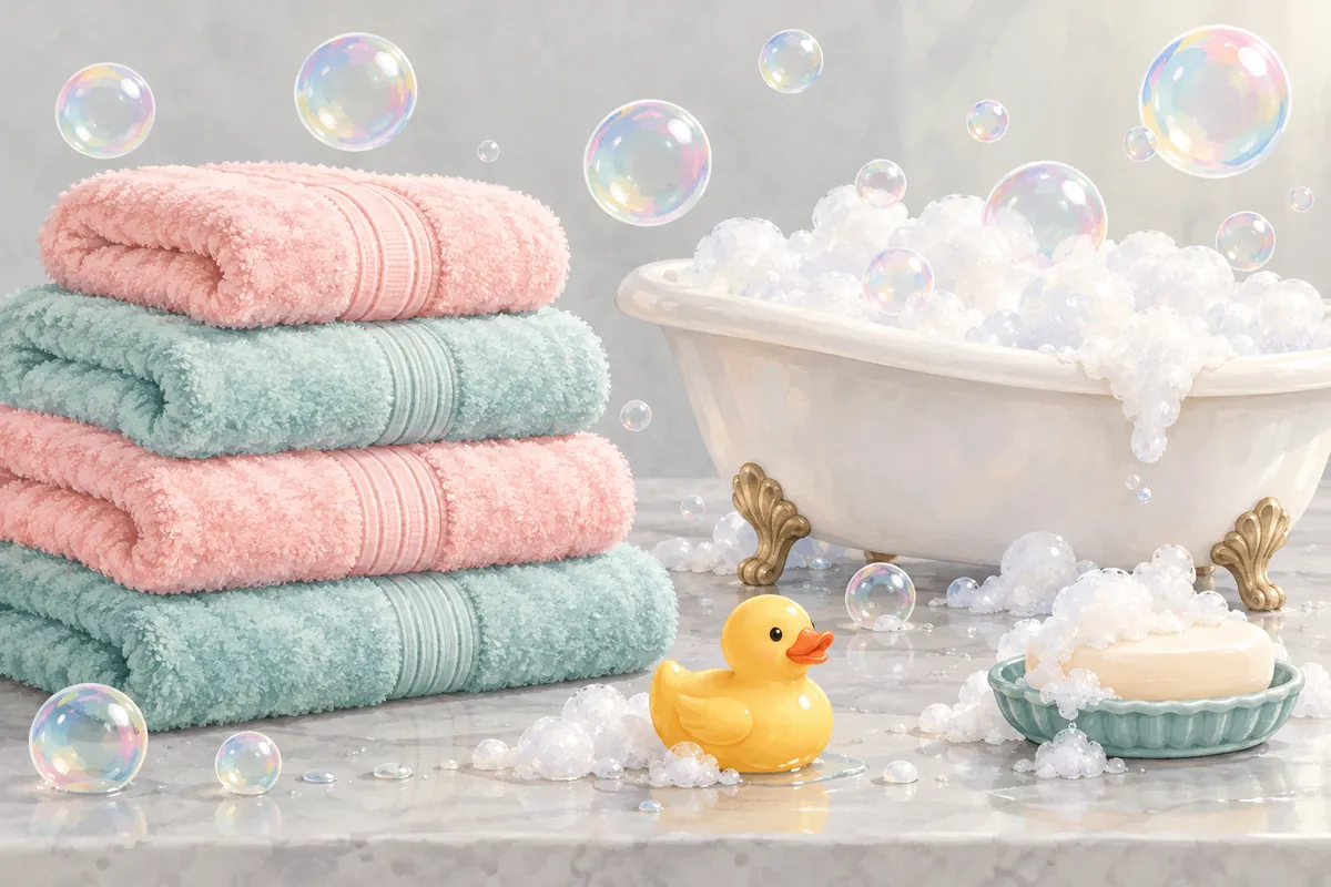 Illustrative pastel scene of folded fluffy towels, bubbles and a rubber duck. Not a photo of the salon.