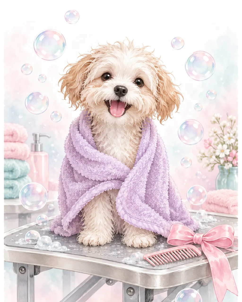 Illustrative pastel grooming scene: a fluffy dog in a towel on a grooming table with bubbles and a ribbon. Not a photo of the salon.