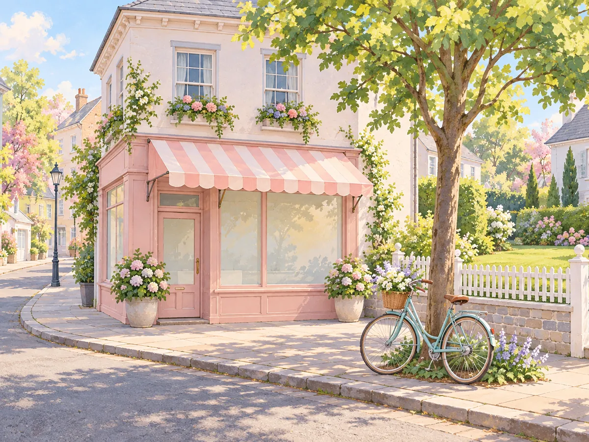Illustrative pastel street corner in a quiet neighborhood, with a small shopfront and trees. Not a photo of the salon.